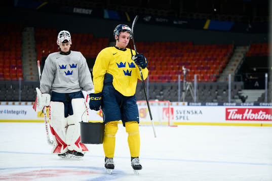 goaltender Kevin Reidler and Elias Salomonsson of Sweden at