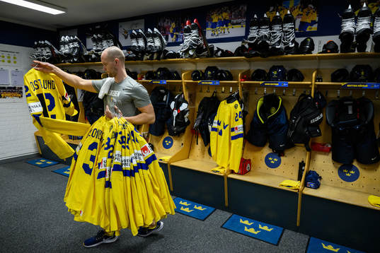 Equipment Manager Jonas Landström preparing Sweden’s