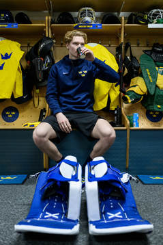 Goaltender Melker Thelin of Sweden