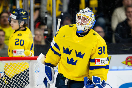 Goaltender Melker Thelin of Sweden