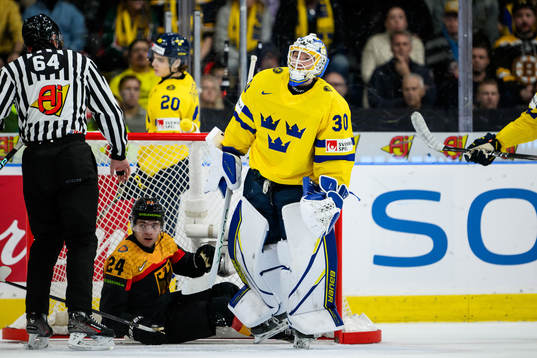 Goaltender Melker Thelin of Sweden