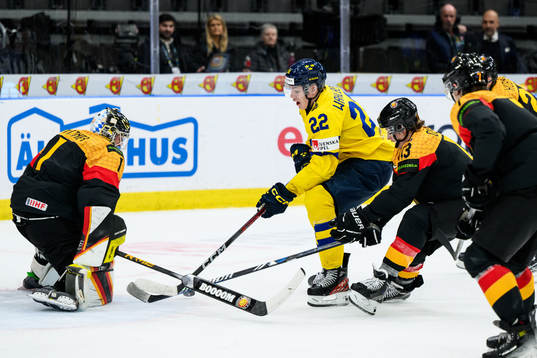 Anton Wahlberg of Sweden against goaltender Matthias