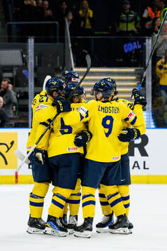 Players of Sweden celebrate with Mattias Hävelid