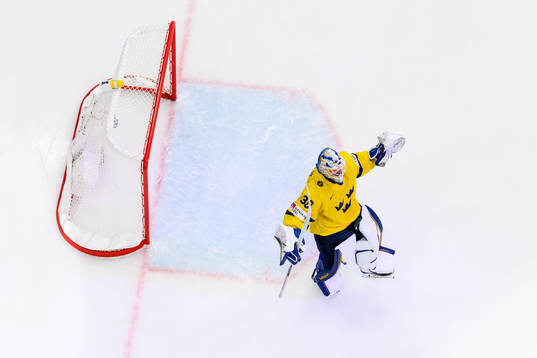 goaltender Melker Thelin of Sweden celebrates