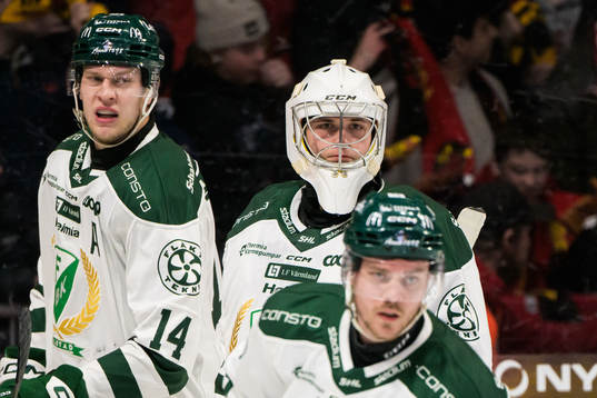 Färjestads Victor Ejdsell, målvakt Melwin Asp Cassåsen