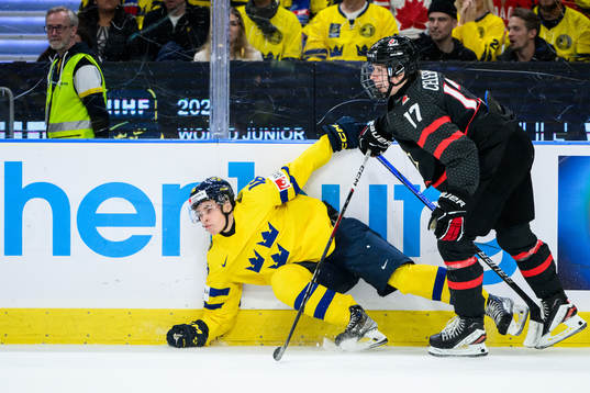 Felix Unger Sörum of Sweden and Macklin Celebrini of Canada