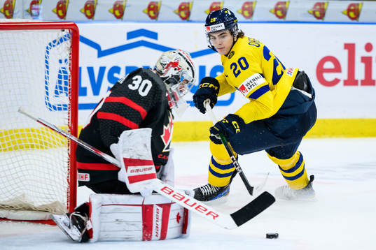 Goaltender Mathis Rousseau of Canada and Liam Öhgren of