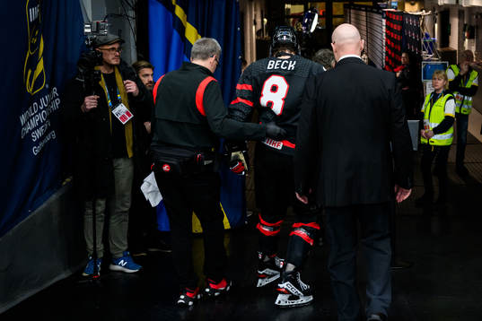 Owen Beck of Canada leaves the ice