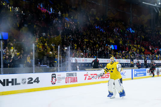 Goaltender Hugo Hävelid of Sweden celebrates
