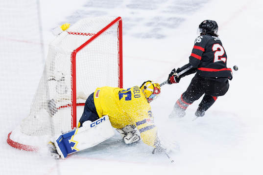 Goaltender Hugo Hävelid of Sweden and Matthew Savoie of