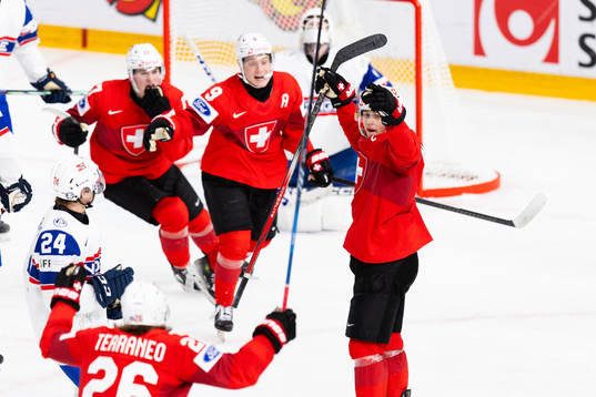Jonas Taibel of Switzerland celebrates scoring 3-2