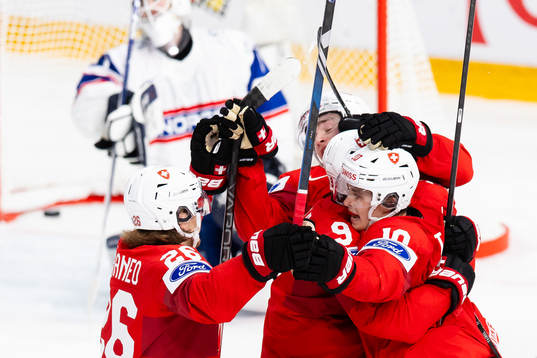 Jonas Taibel of Switzerland celebrates scoring 3-2