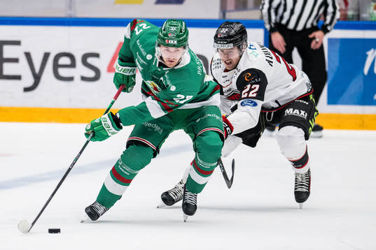 Rögles Linus Sjödin och Malmö Redhawks Janne Kuokkanen