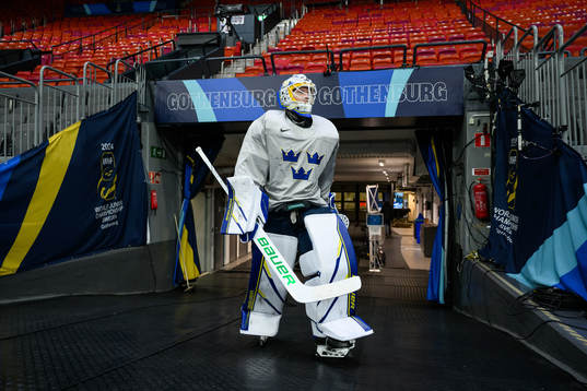 goaltender Melker Thelin of Sweden at a practice session