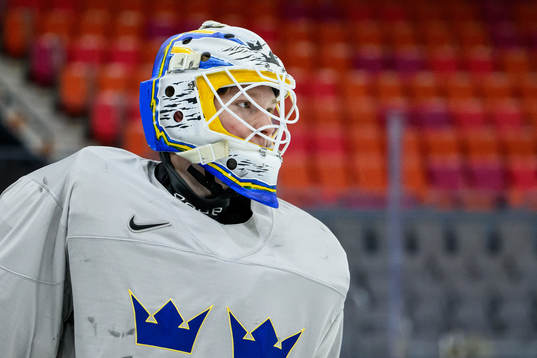 goaltender Melker Thelin of Sweden at a practice session