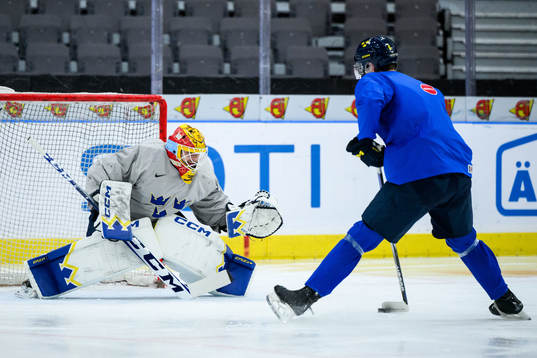 goaltender Hugo Hävelid and Anton Johansson of Sweden at a