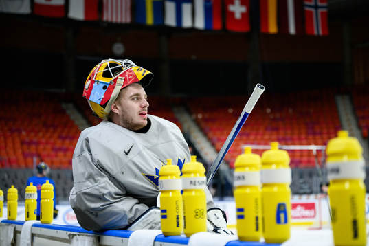 goaltender Hugo Hävelid of Sweden at a practice session