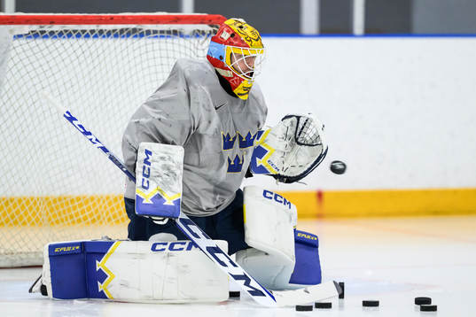 goaltender Hugo Hävelid of Sweden at a practice session
