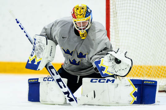 goaltender Hugo Hävelid of Sweden at a practice session