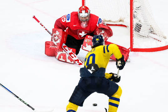 Goaltender Alessio Beglieri of Switzerland and Liam Öhgren