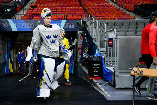 goaltender Melker Thelin of Sweden at a practice session