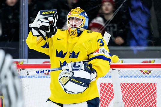 Goaltender Hugo Hävelid of Sweden looks dejected