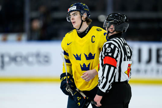 Liam Öhgren of Sweden discussing with the referee