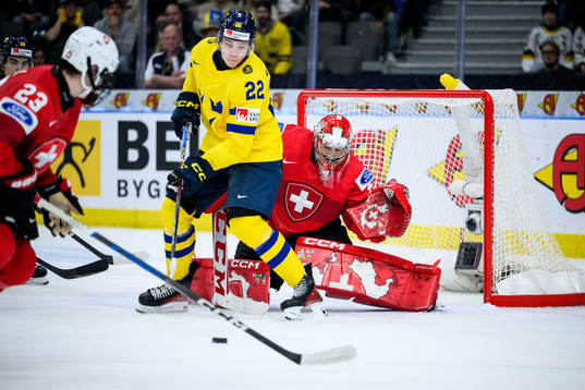 Anton Wahlberg of Sweden and goaltender Alessio Beglieri of
