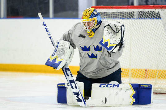 goaltender Hugo Hävelid of Sweden at a practice session