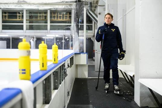 goaltender coach Viktor Alm of Sweden at a practice session