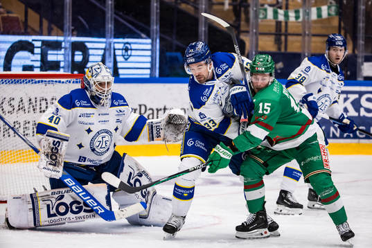 Leksands målvakt Mantas Armalis och Leksands Eddie Larsson