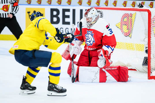 Isac Born of Sweden and goaltender Michael Hrabal of Czech