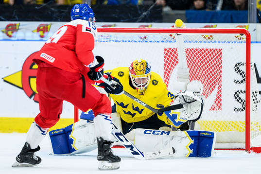 Goaltender Hugo Hävelid of Sweden and Ondrej Becher of
