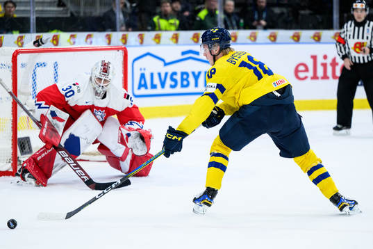 Filip Bystedt of Sweden and goaltender Michael Hrabal of