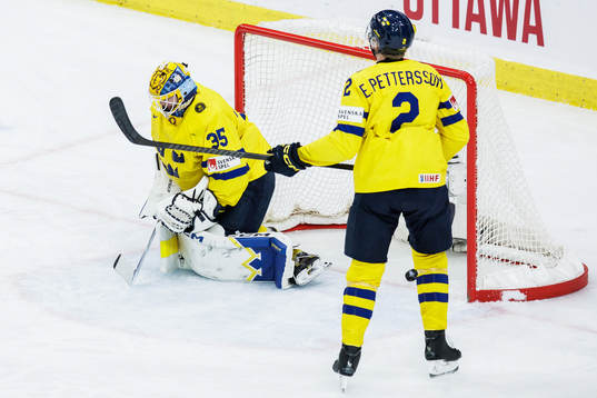 Goaltender Hugo Hävelid and Elias Pettersson of Sweden