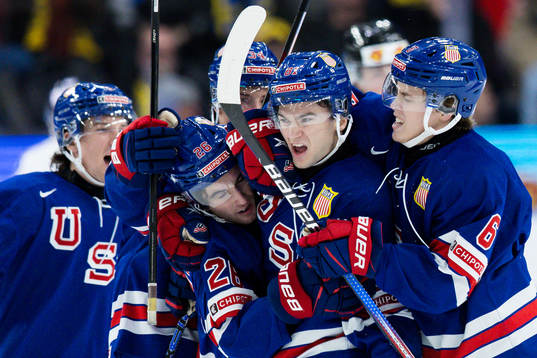 Jimmy Snuggerud of USA celebrates the 1-2 goal