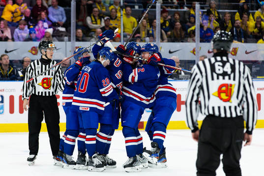 Cutter Gauthier of USA celebrates scoring 3-2 with team