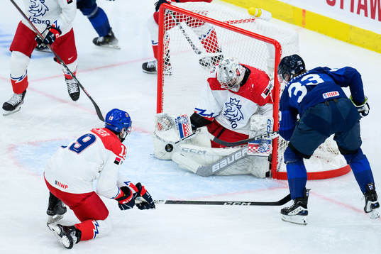Goaltender Jakub Vondras of Czech Republic and Jani Nyman