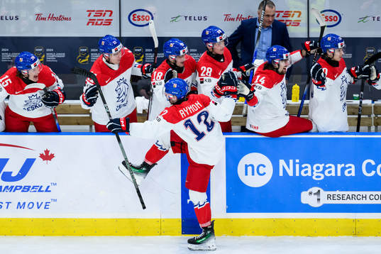 Dominik Rymon of Czech Republic celebrates the 7-5 goal