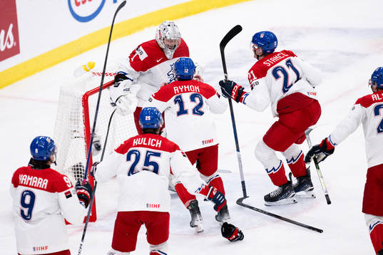 Goaltender Jakub Vondras of Czech Republic  and his team