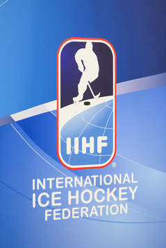 The IIHF logo at a press conference