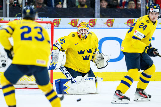 Goaltender Hugo Hävelid of Sweden celebrating