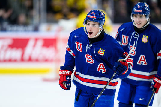 Gabe Perreault of USA celebrates the 1-0 goal