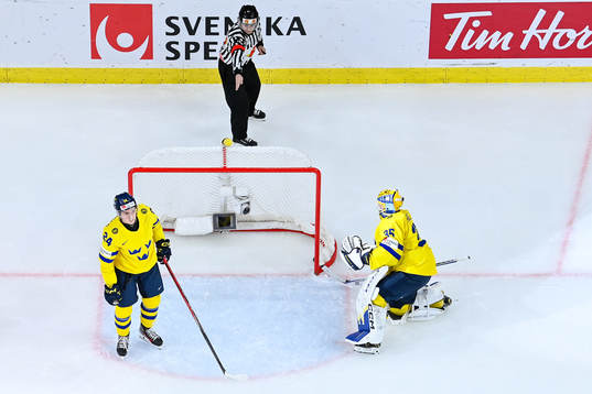 Tom Willander and goaltender Hugo Hävelid of Sweden look