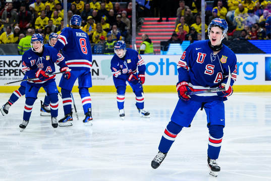 Lane Hutson of USA celebrates the 4-2 goal
