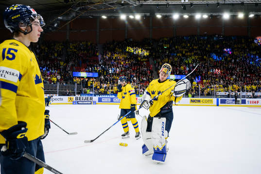 Goaltender Hugo Hävelid of Sweden looks dejected