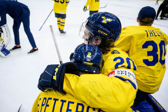 Elias Pettersson and Liam Öhgren of Sweden look dejected