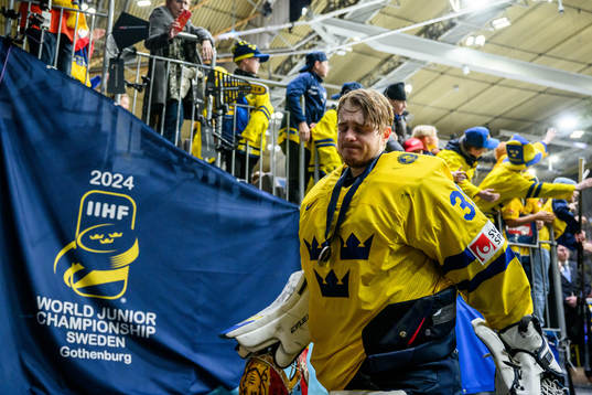 Goaltender Hugo Hävelid of Sweden looks dejected