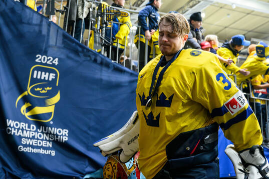 Goaltender Hugo Hävelid of Sweden looks dejected