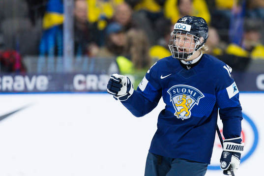 Konsta Helenius of Finland celebrates the 2-3 goal